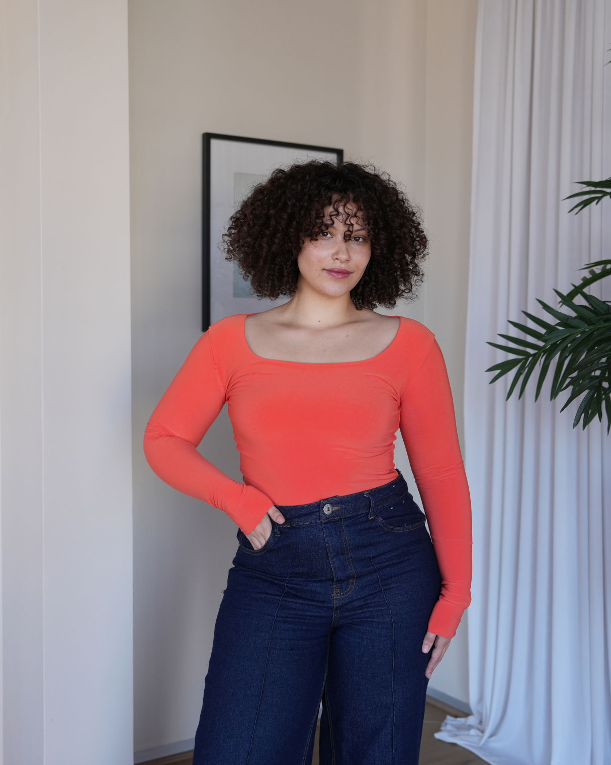 M | Orange Square Neck Long Sleeved Top