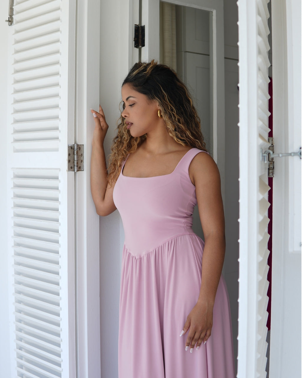 Baby Pink Tank-Style Drop Waist Midi Dress
