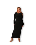 Black Crew-Neck Sculpted Dress with Long Sleeves