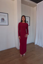 Maroon Crew-Neck Sculpted Dress with Long Sleeves