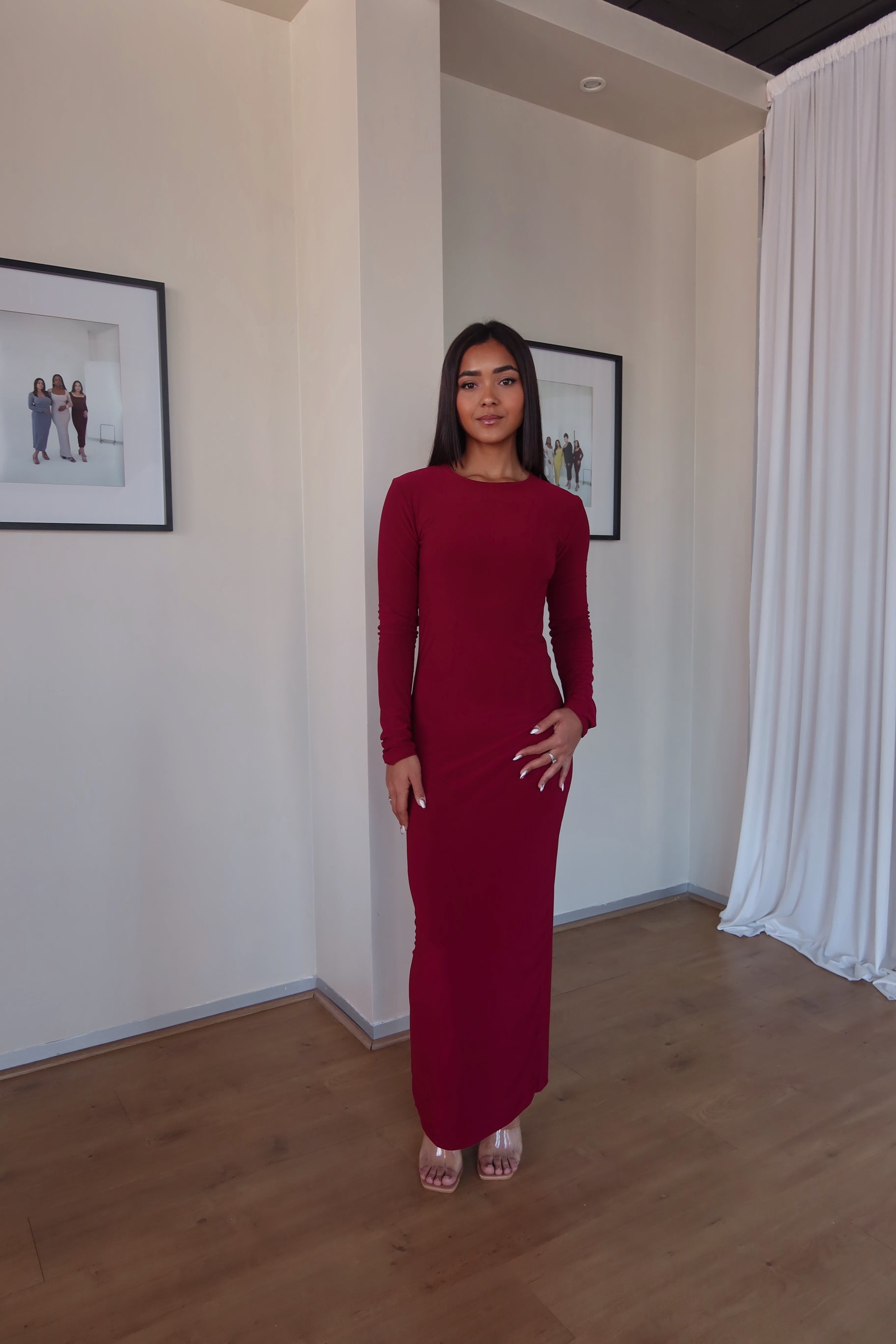 Maroon Crew-Neck Sculpted Dress with Long Sleeves