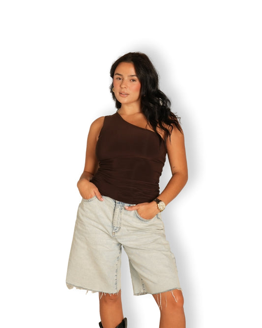 L | Chocolate Brown One Shoulder Top