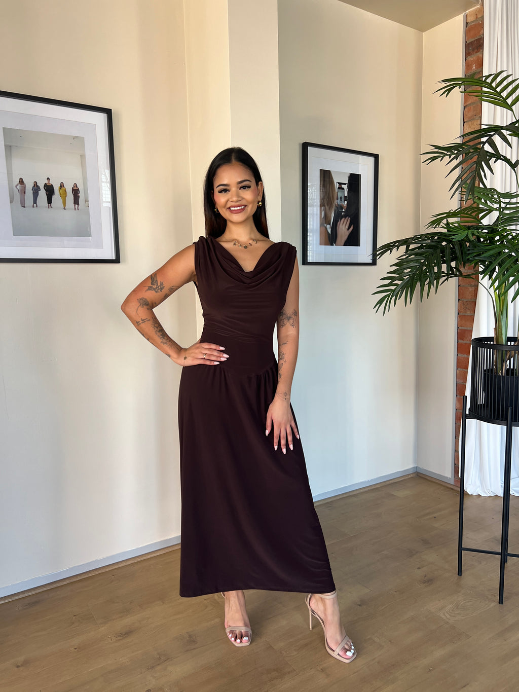 Chocolate Brown Cowl Neck Drop Waist Midi Dress