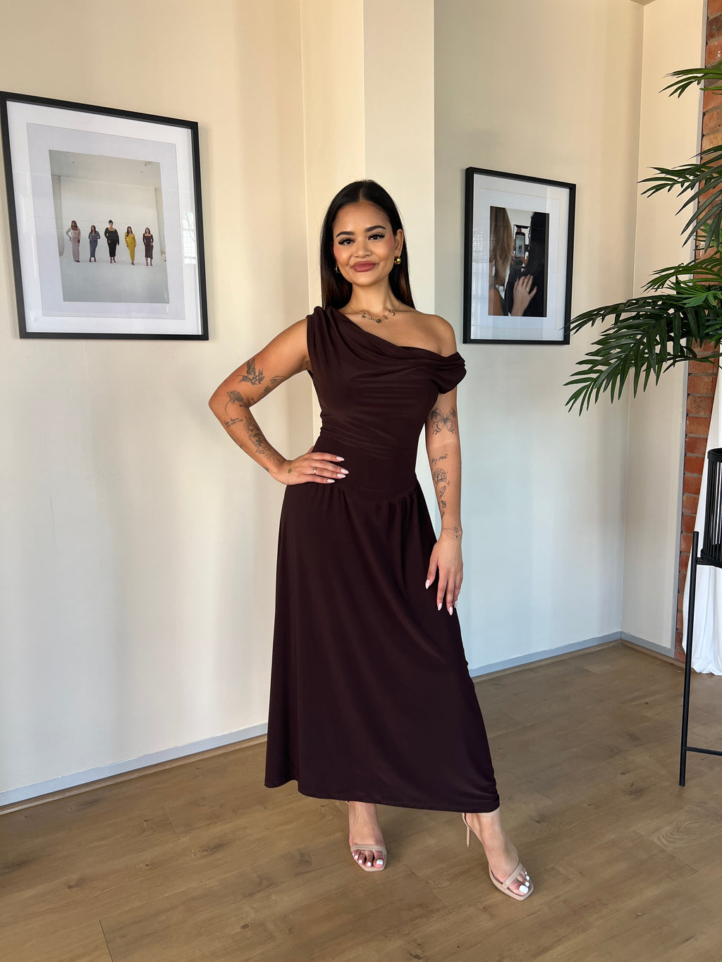 Chocolate Brown Cowl Neck Drop Waist Midi Dress