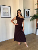 Chocolate Brown Cowl Neck Drop Waist Midi Dress