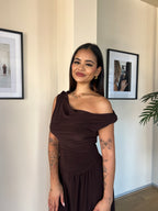 Chocolate Brown Cowl Neck Drop Waist Midi Dress