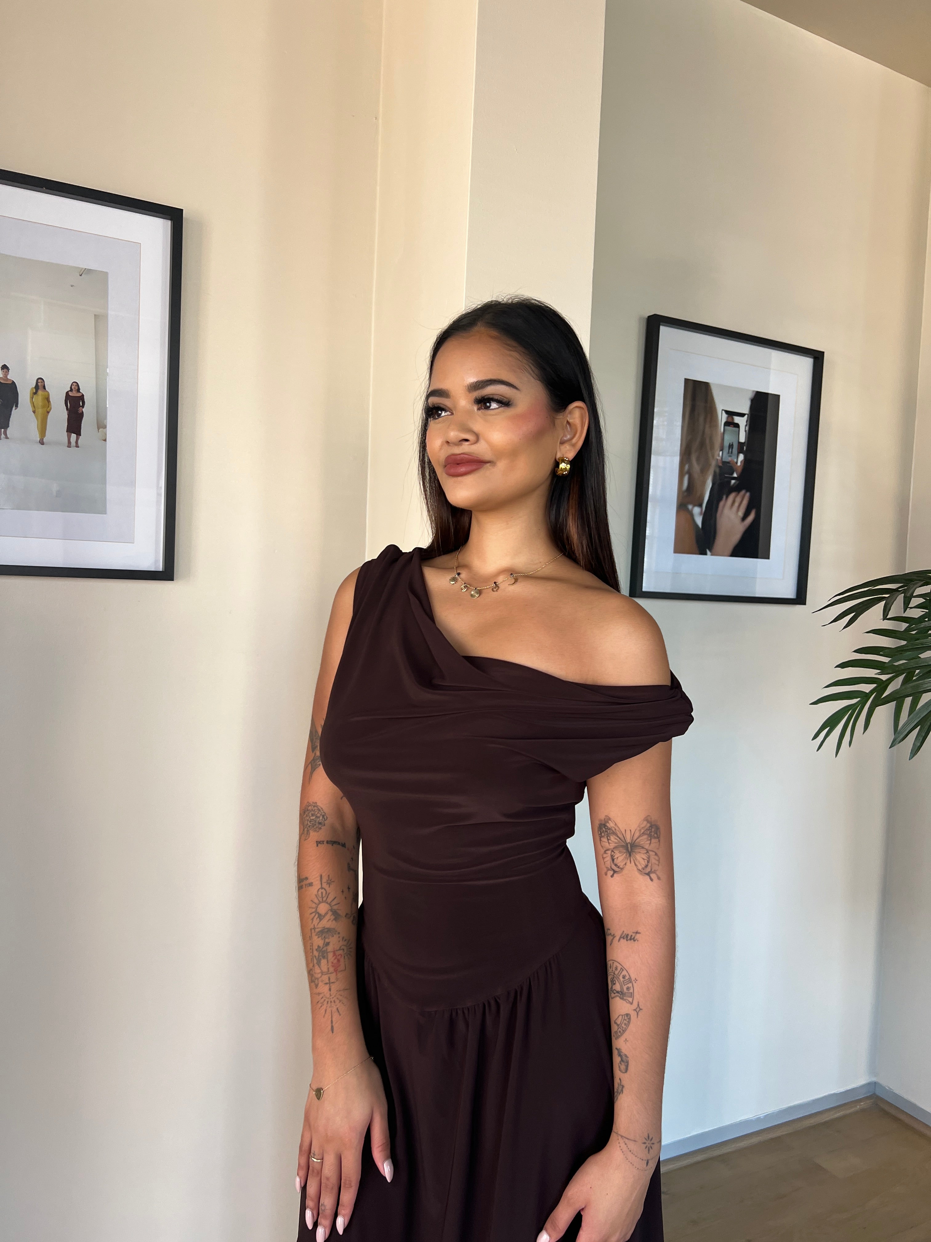 Chocolate Brown Cowl Neck Drop Waist Midi Dress