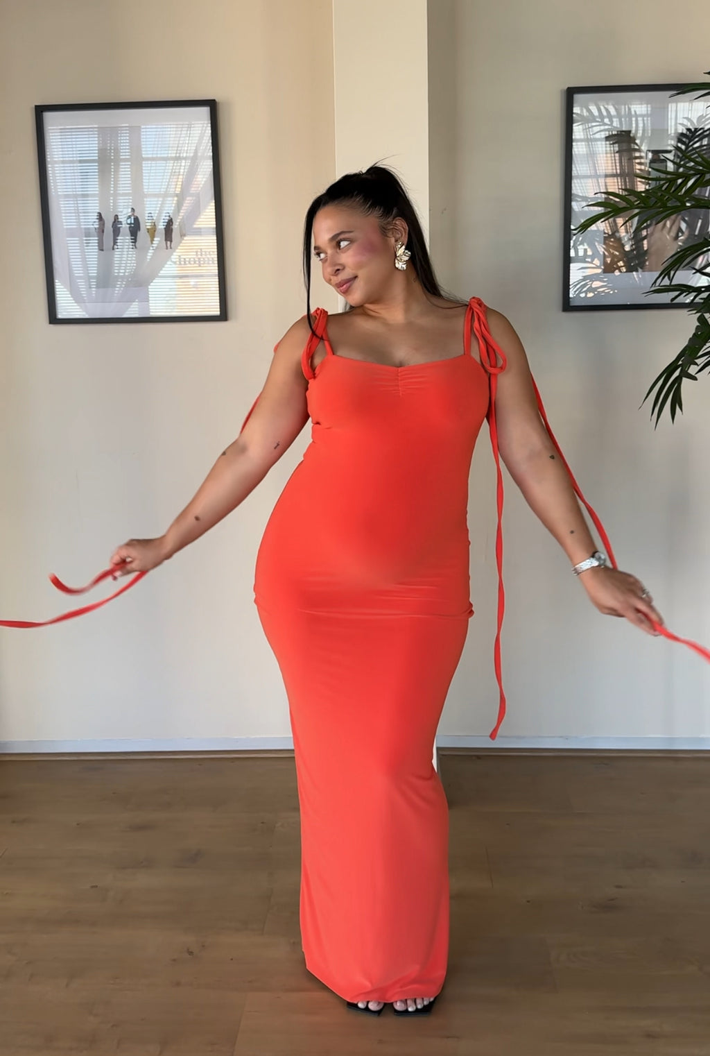 XS | Bright Orange Bow Tie Evening Dress: Tall