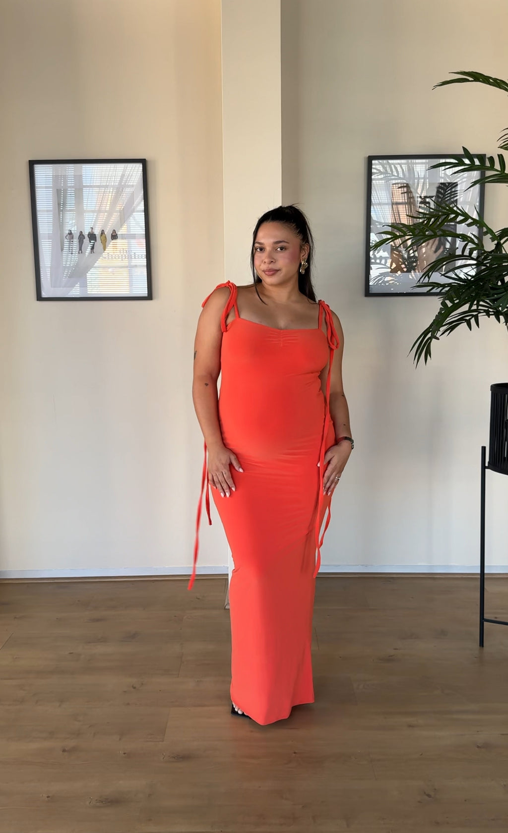 XS | Bright Orange Bow Tie Evening Dress: Tall