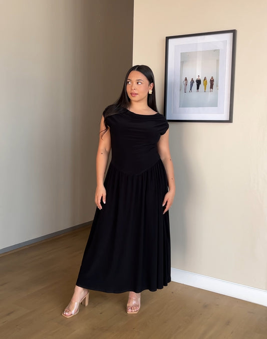 M | Black Cowl Neck Drop Waist Midi Dress