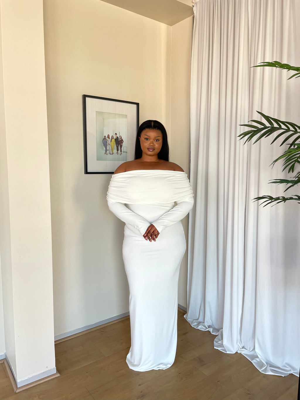 XL | 150CM Cream Bardot Sculpted Dress with Long Sleeves