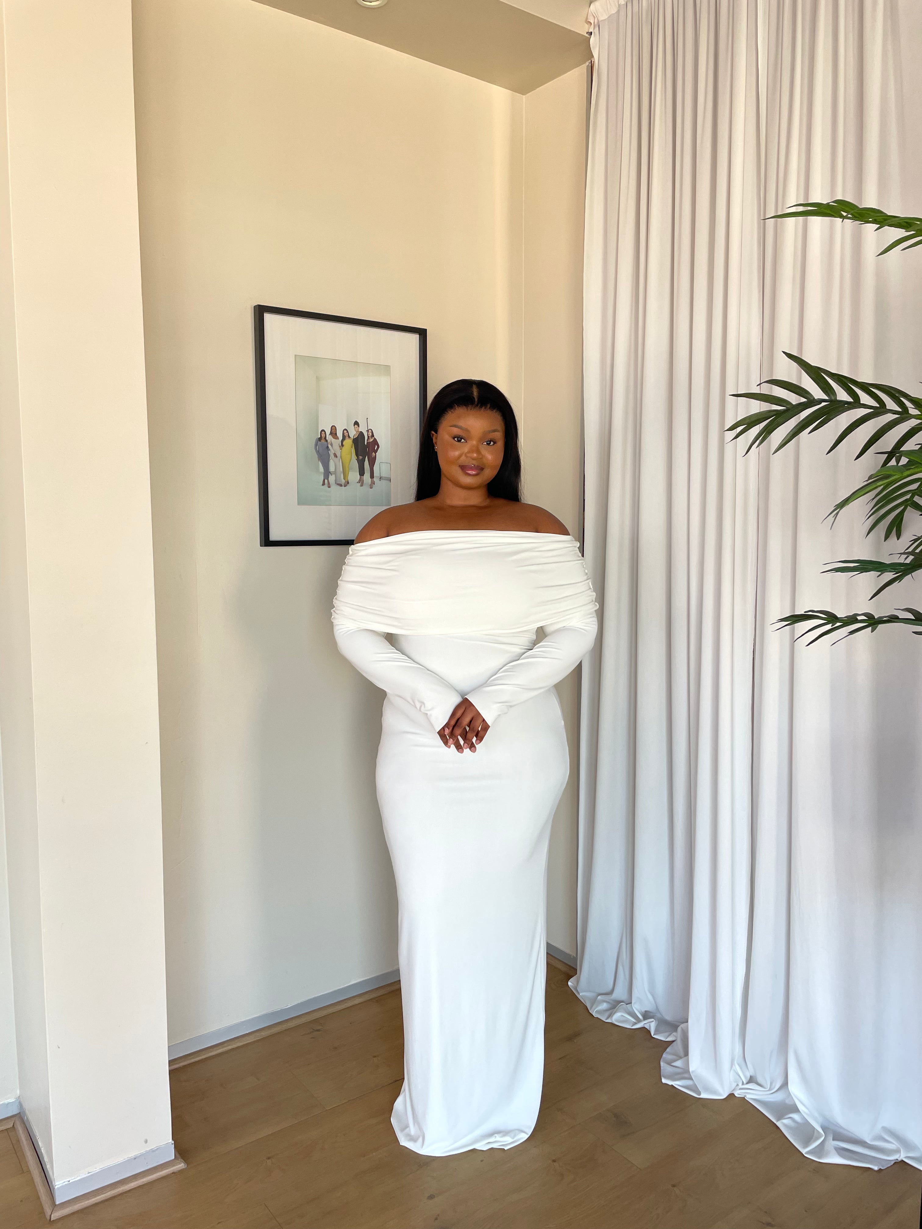 XL | Cream Bardot Sculpted Dress with Long Sleeves: Extra Length (160cm)