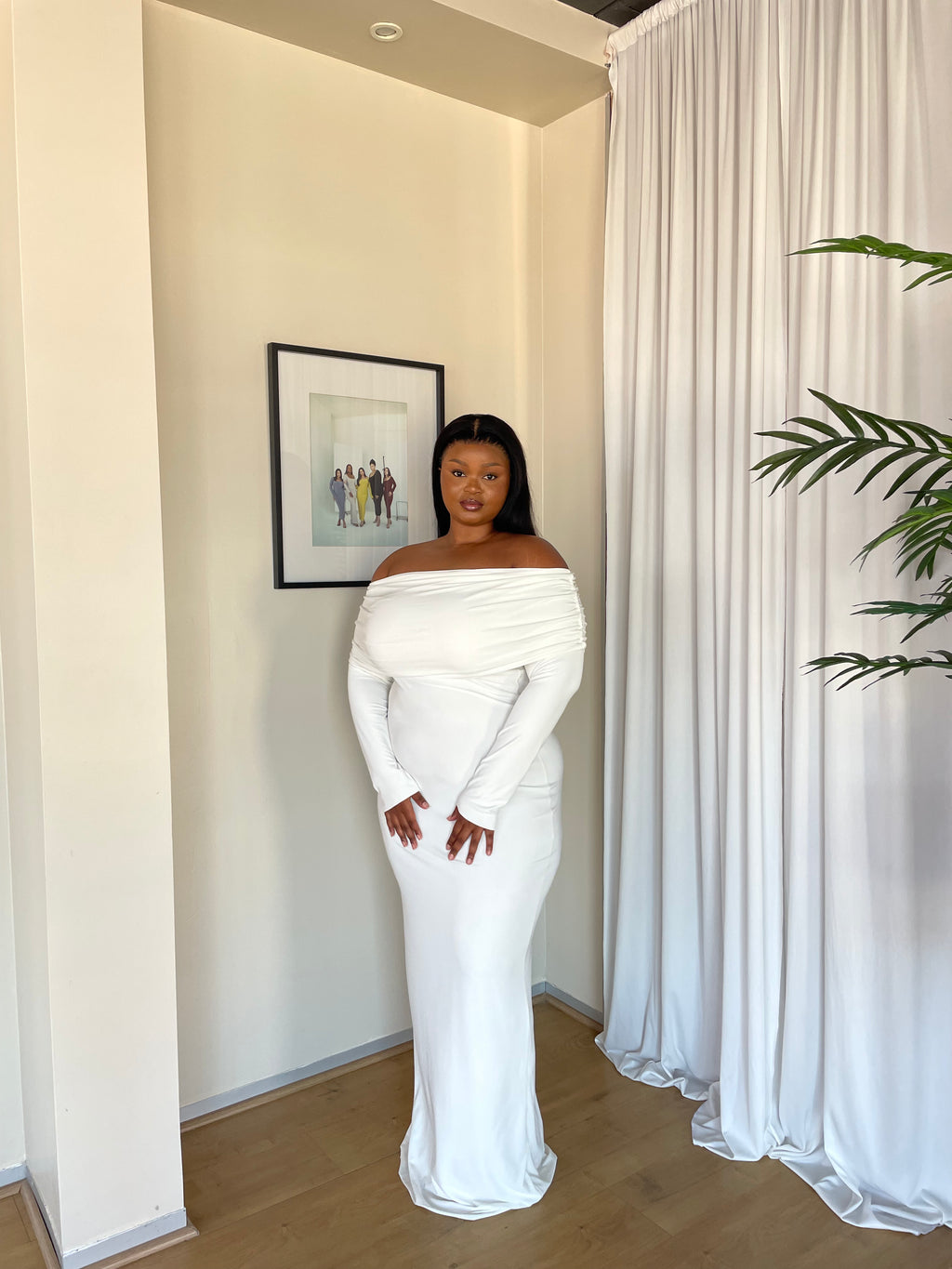 XL | 150CM Cream Bardot Sculpted Dress with Long Sleeves