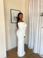 XL | Cream Bardot Sculpted Dress with Long Sleeves: Extra Length (160cm)