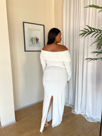 XL | Cream Bardot Sculpted Dress with Long Sleeves: Extra Length (160cm)