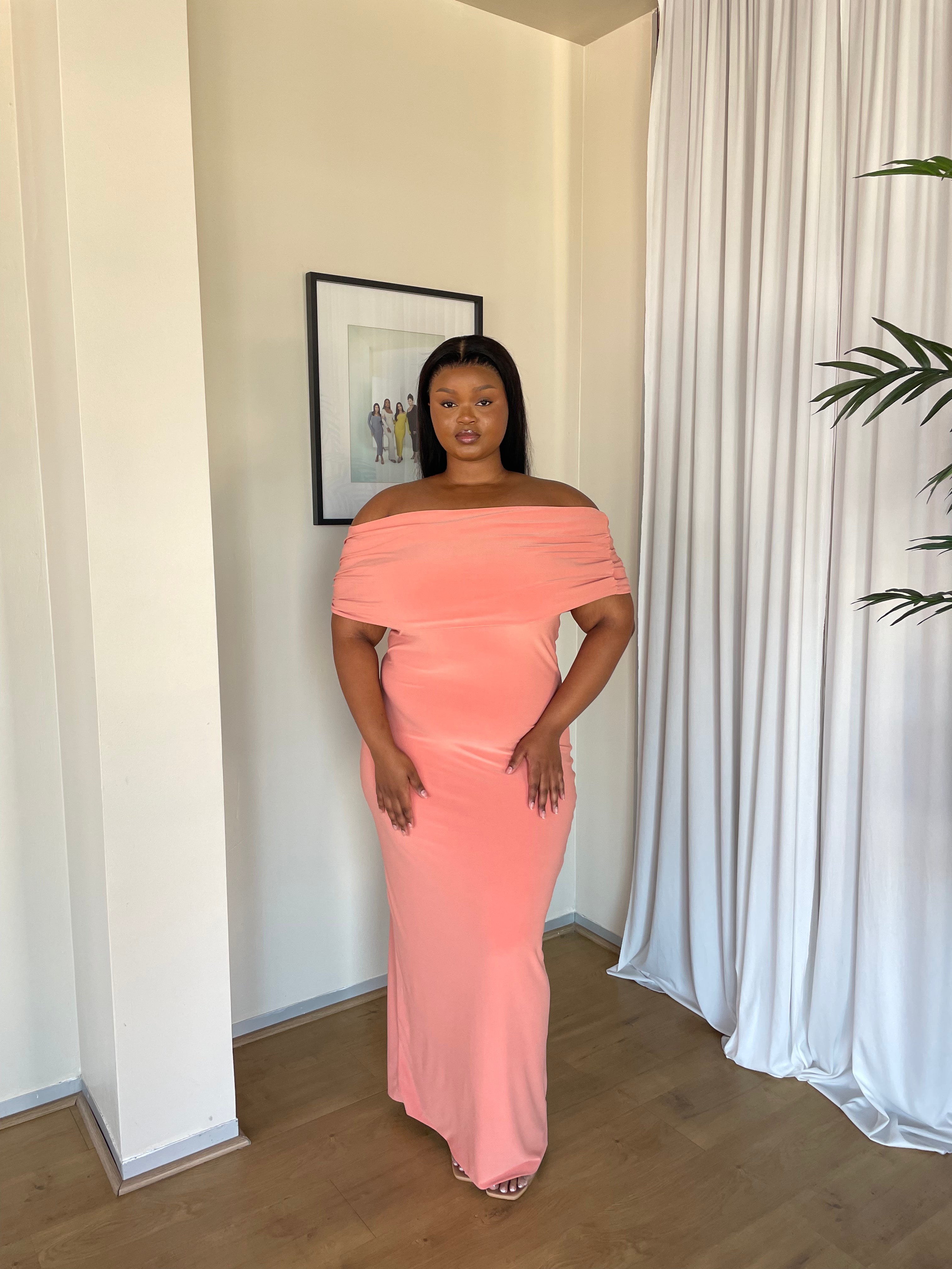 XL | 140CM Terracotta Off-shoulder Bardot Sculpted Dress