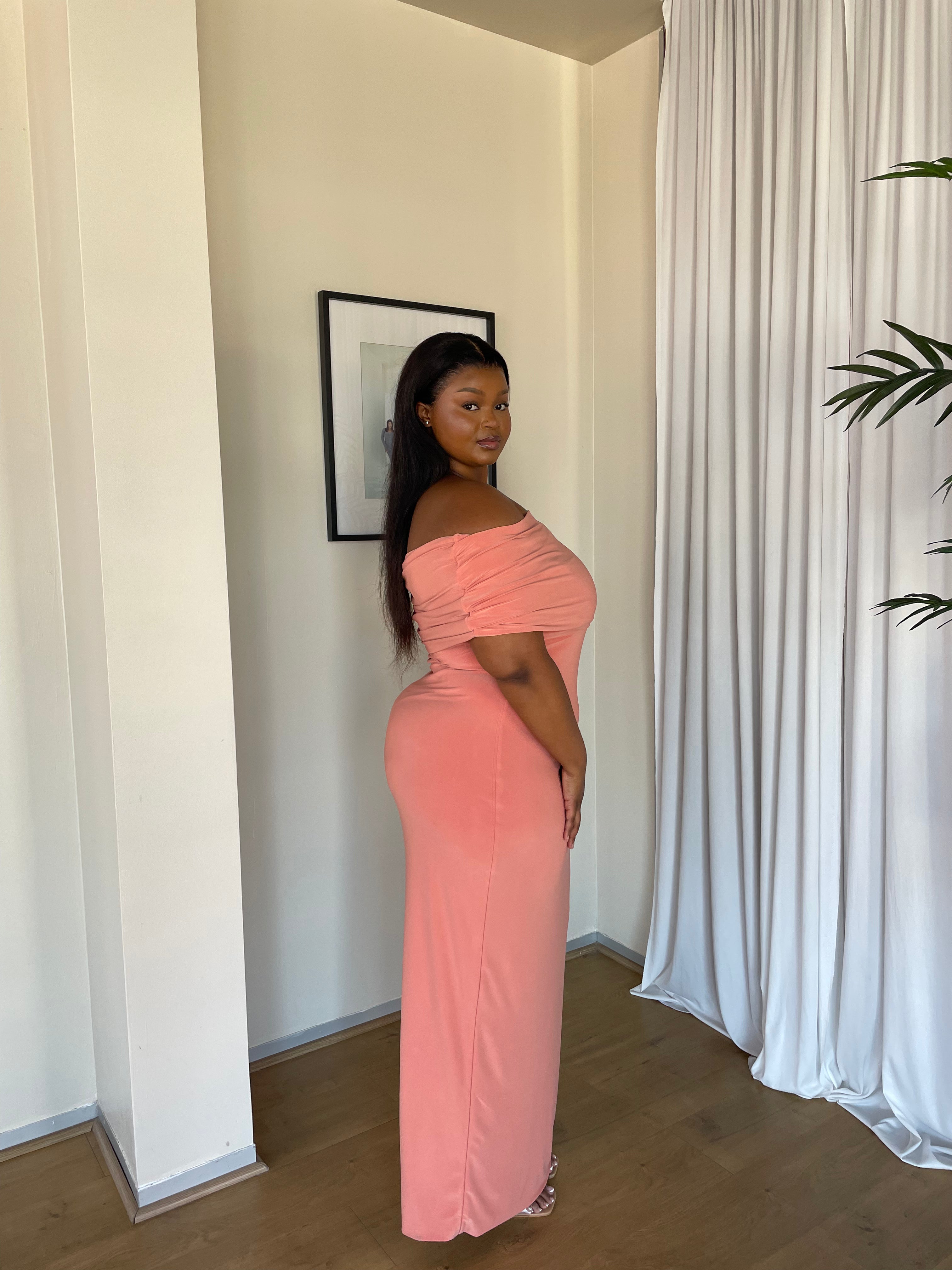 XL | 140CM Terracotta Off-shoulder Bardot Sculpted Dress