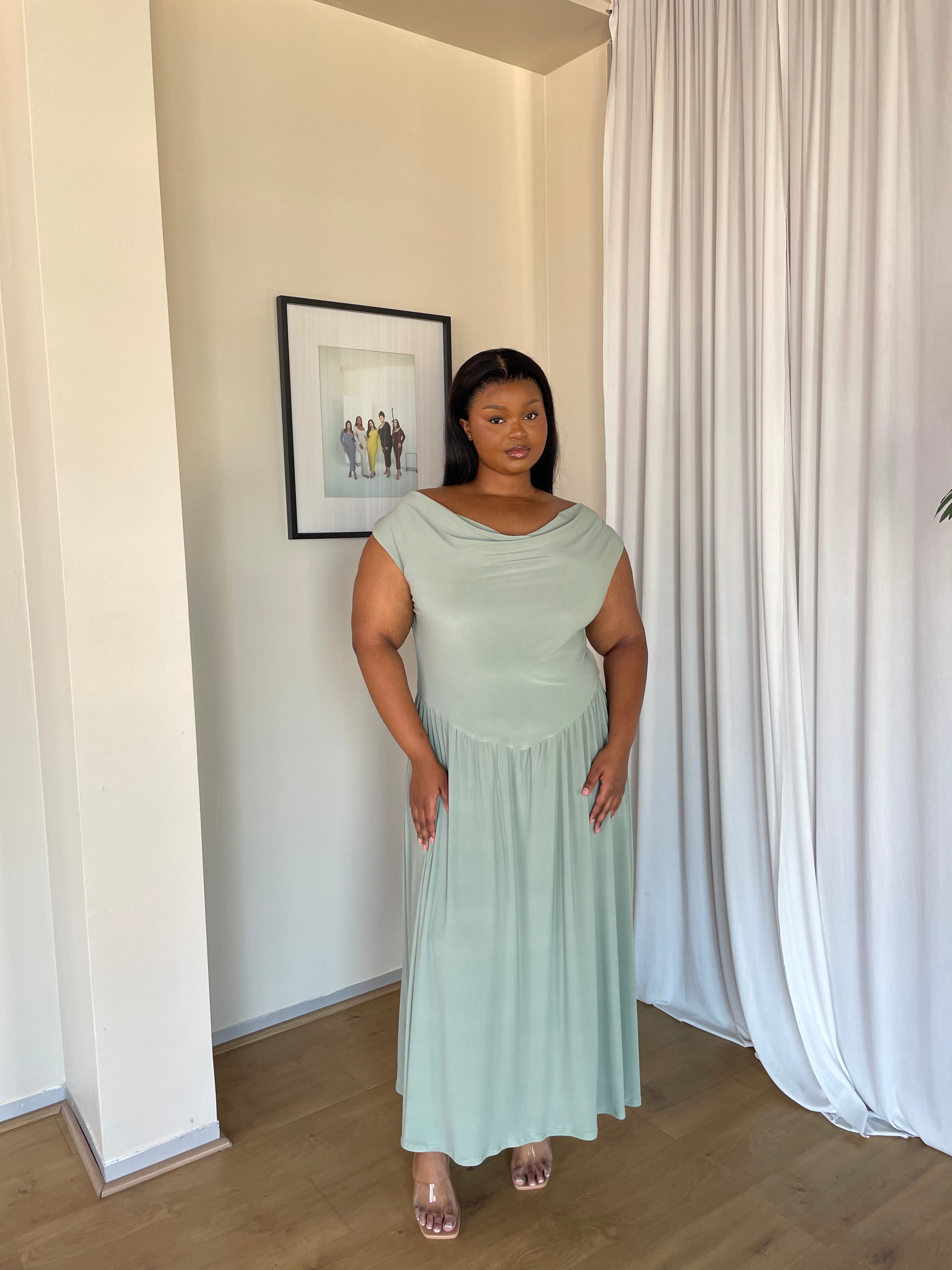 2XL | Mint Cowl Neck Drop Waist Midi Dress