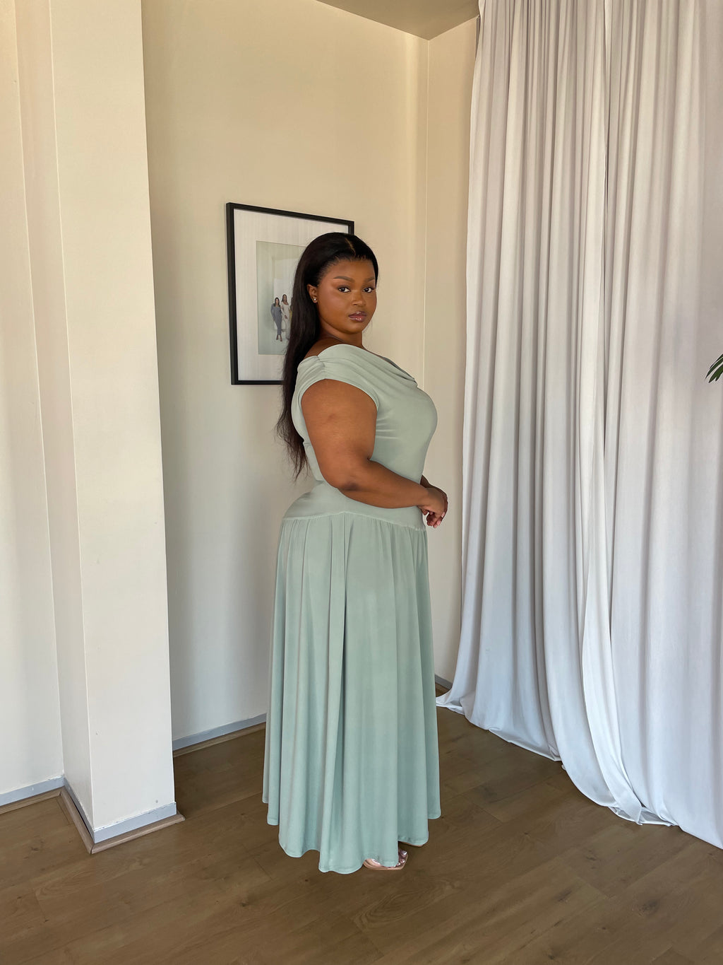 2XL | Mint Cowl Neck Drop Waist Midi Dress