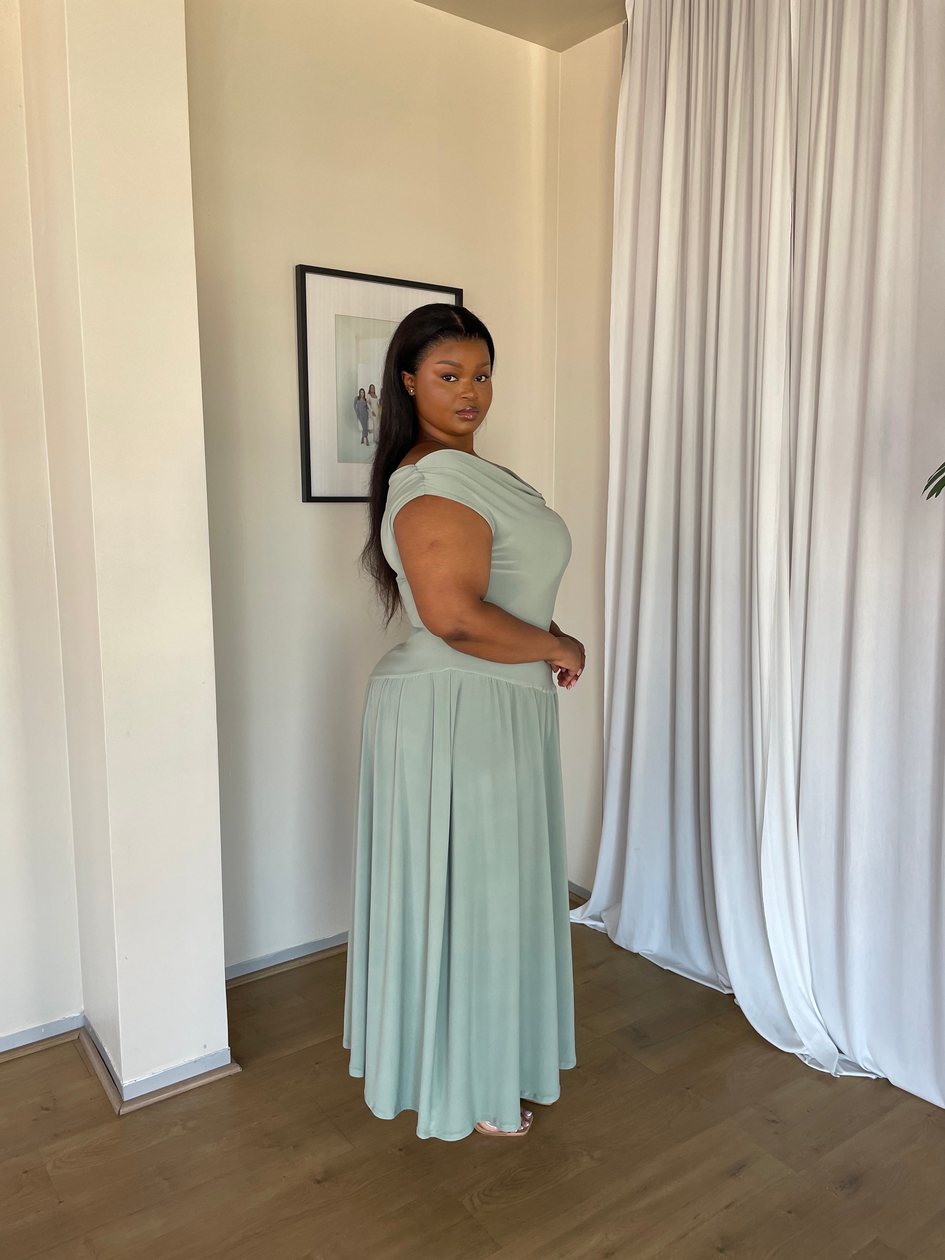 2XL | Mint Cowl Neck Drop Waist Midi Dress