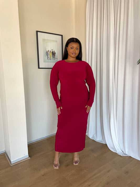XL | Maroon Crew-Neck Sculpted Dress with Long Sleeves