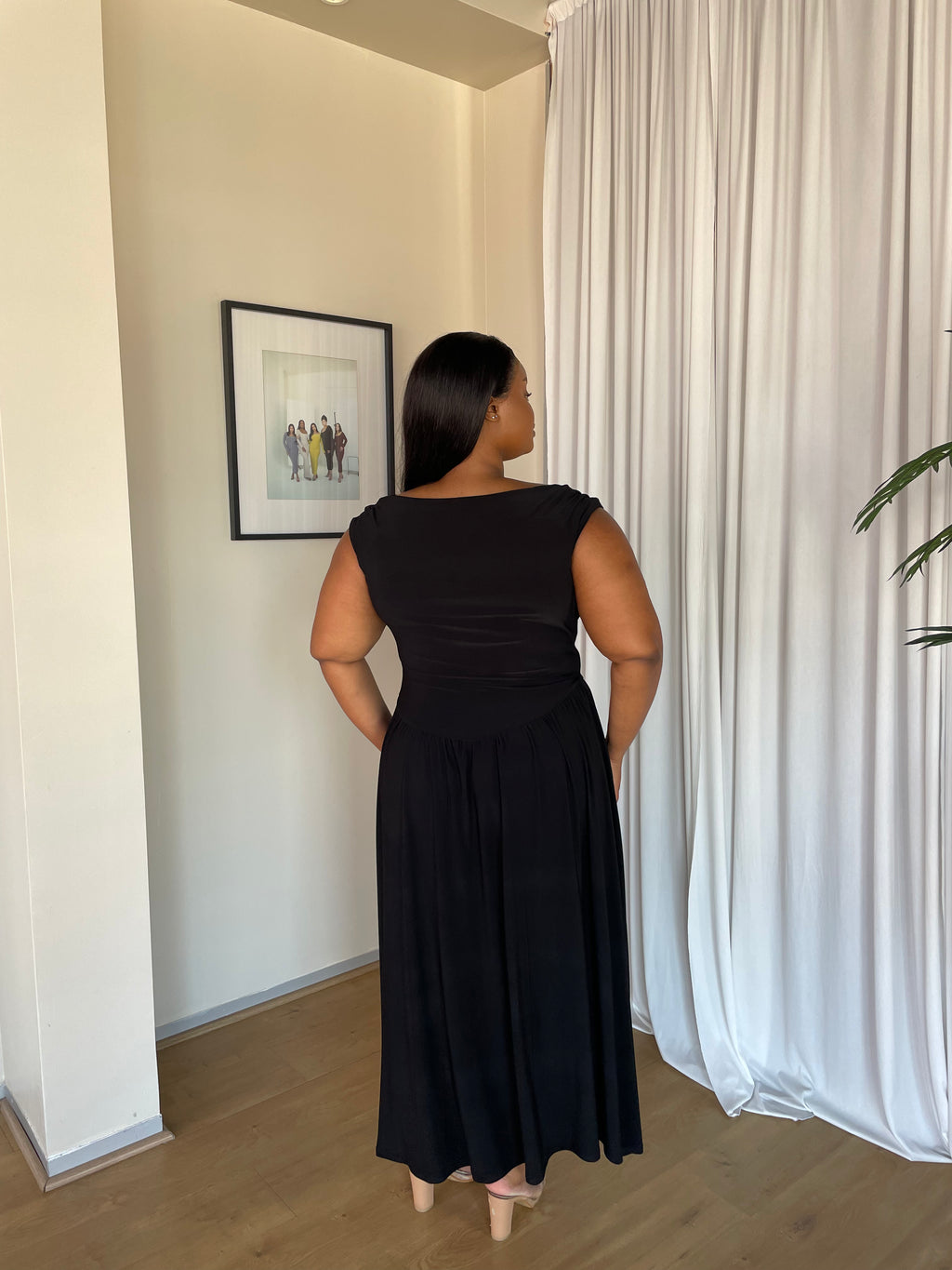 2XL | Black Cowl Neck Drop Waist Midi Dress