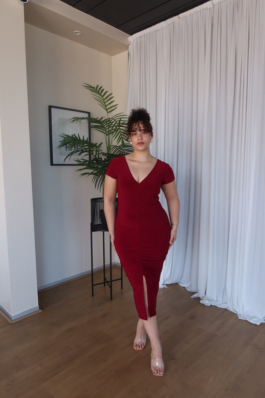 L | Maroon Ruched Front Dress