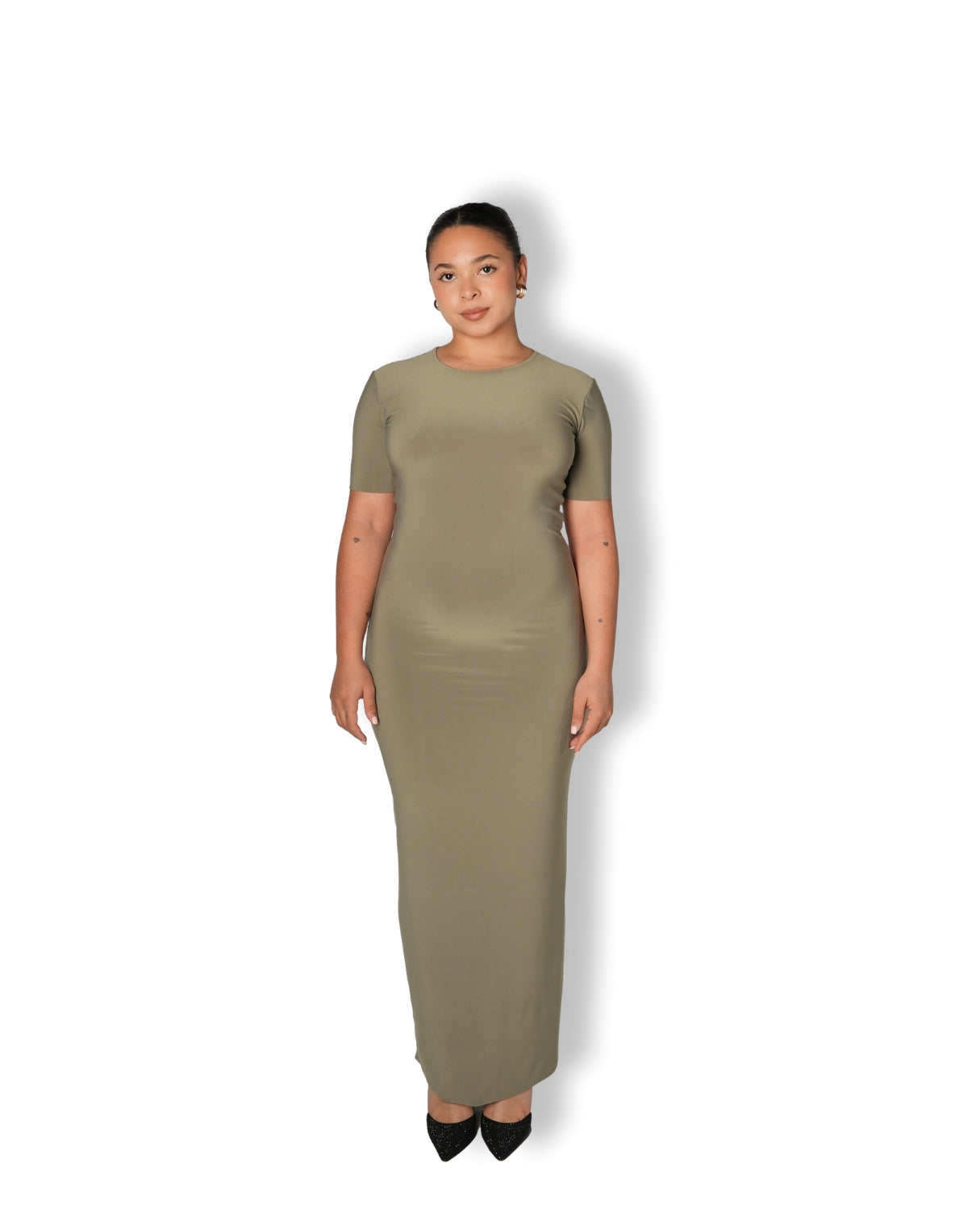 Sage Crew-Neck Sculpted Dress with Short Sleeves