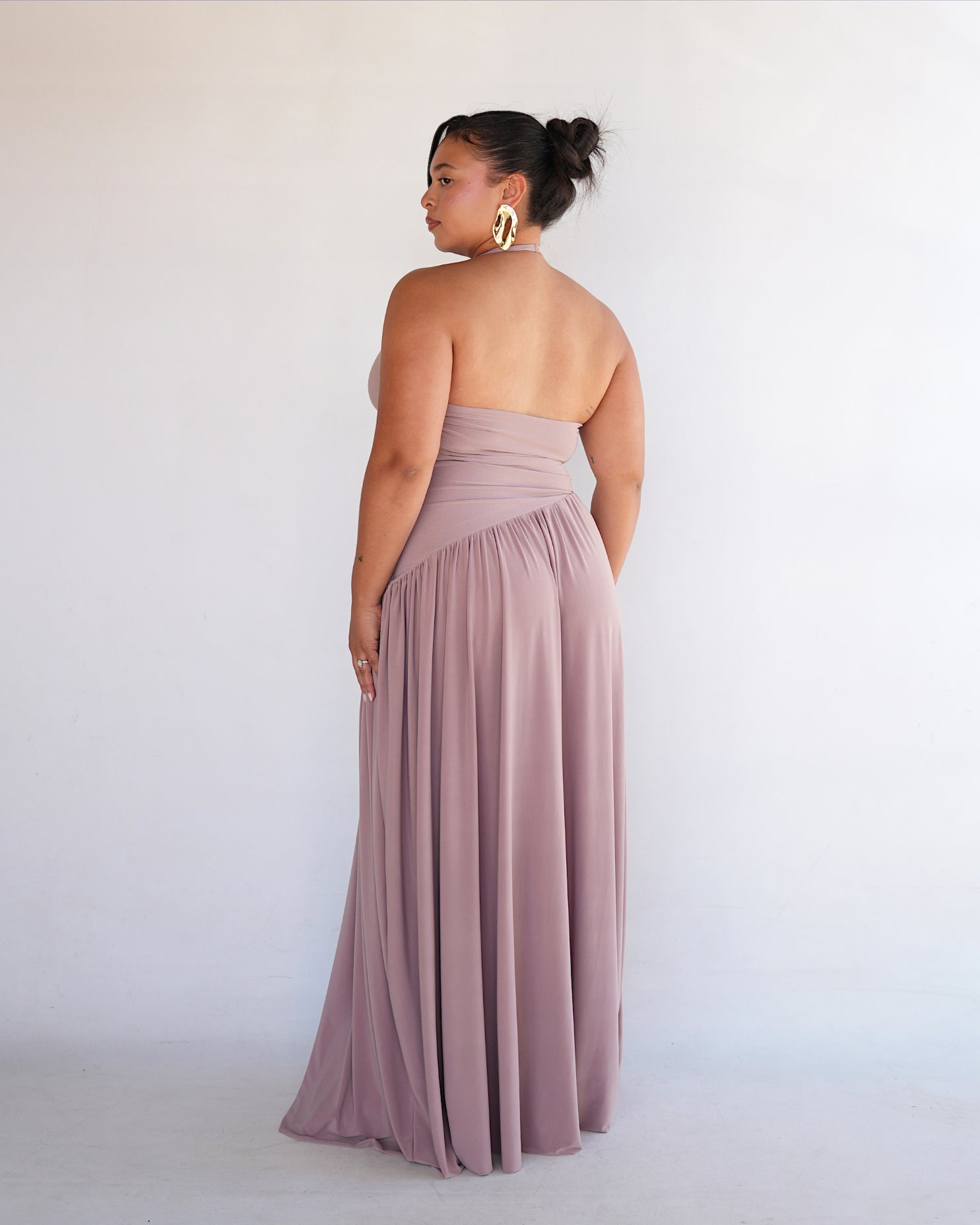 Mocha Halter Dress with Dropped Asymmetrical Waistline