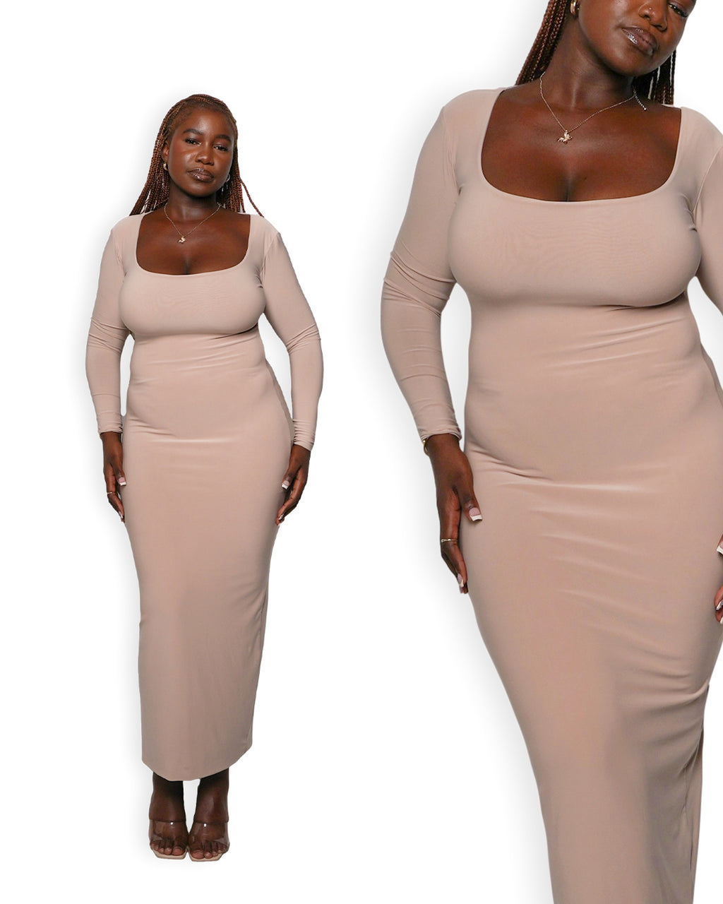Tan Long-sleeved Sculpted Dress