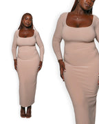 Tan Long-sleeved Sculpted Dress