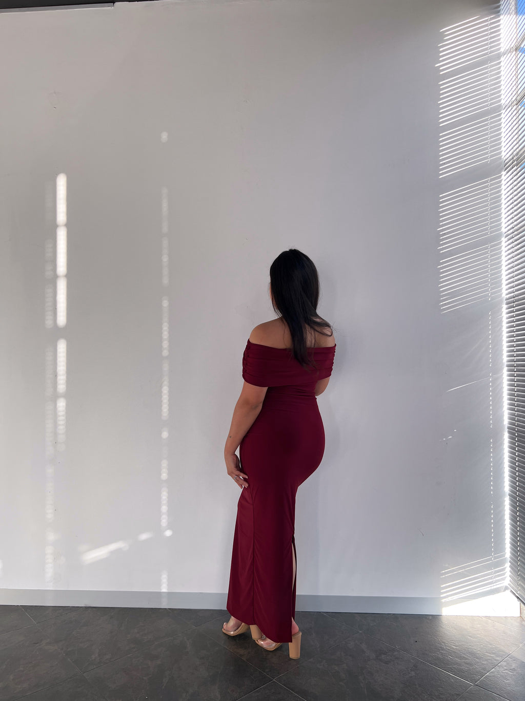 Maroon Off-shoulder Bardot Sculpted Dress