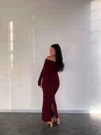 Maroon Bardot Sculpted Dress with Long Sleeves