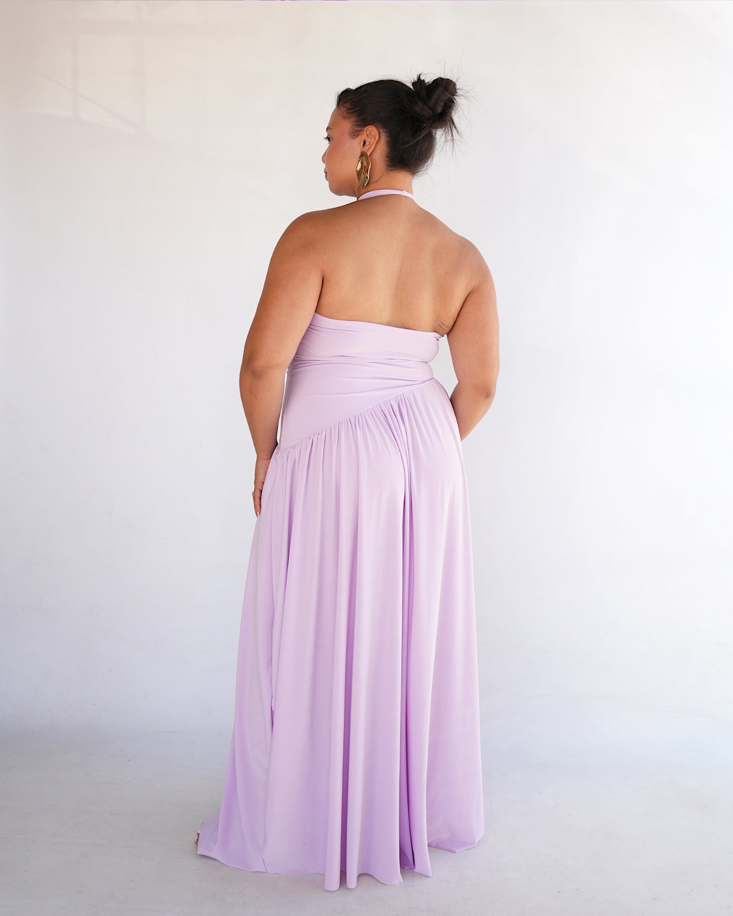 Light Lilac Halter Dress with Dropped Asymmetrical Waistline
