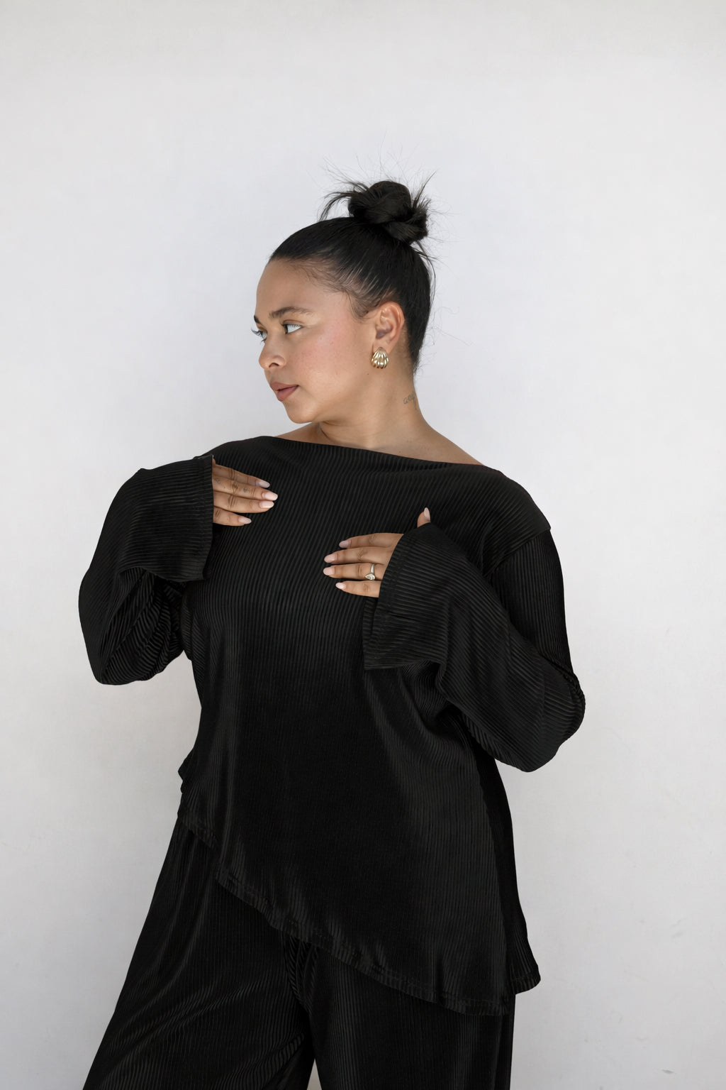Black Pleated Asymmetrical Bell Sleeve Top