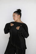 Black Pleated Asymmetrical Bell Sleeve Top