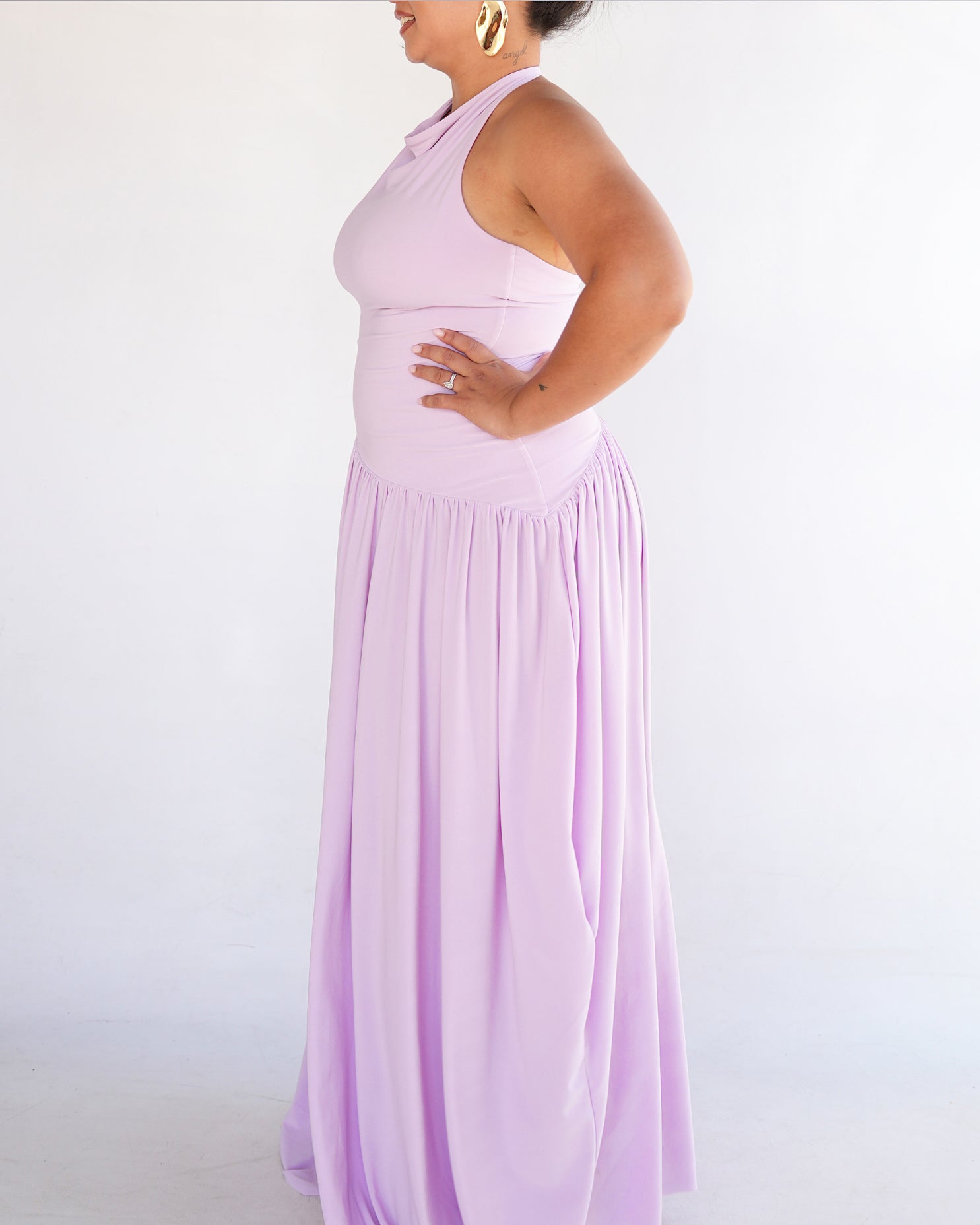 Light Lilac Halter Dress with Dropped Asymmetrical Waistline