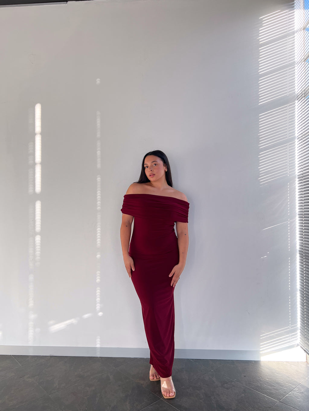 Maroon Off-shoulder Bardot Sculpted Dress