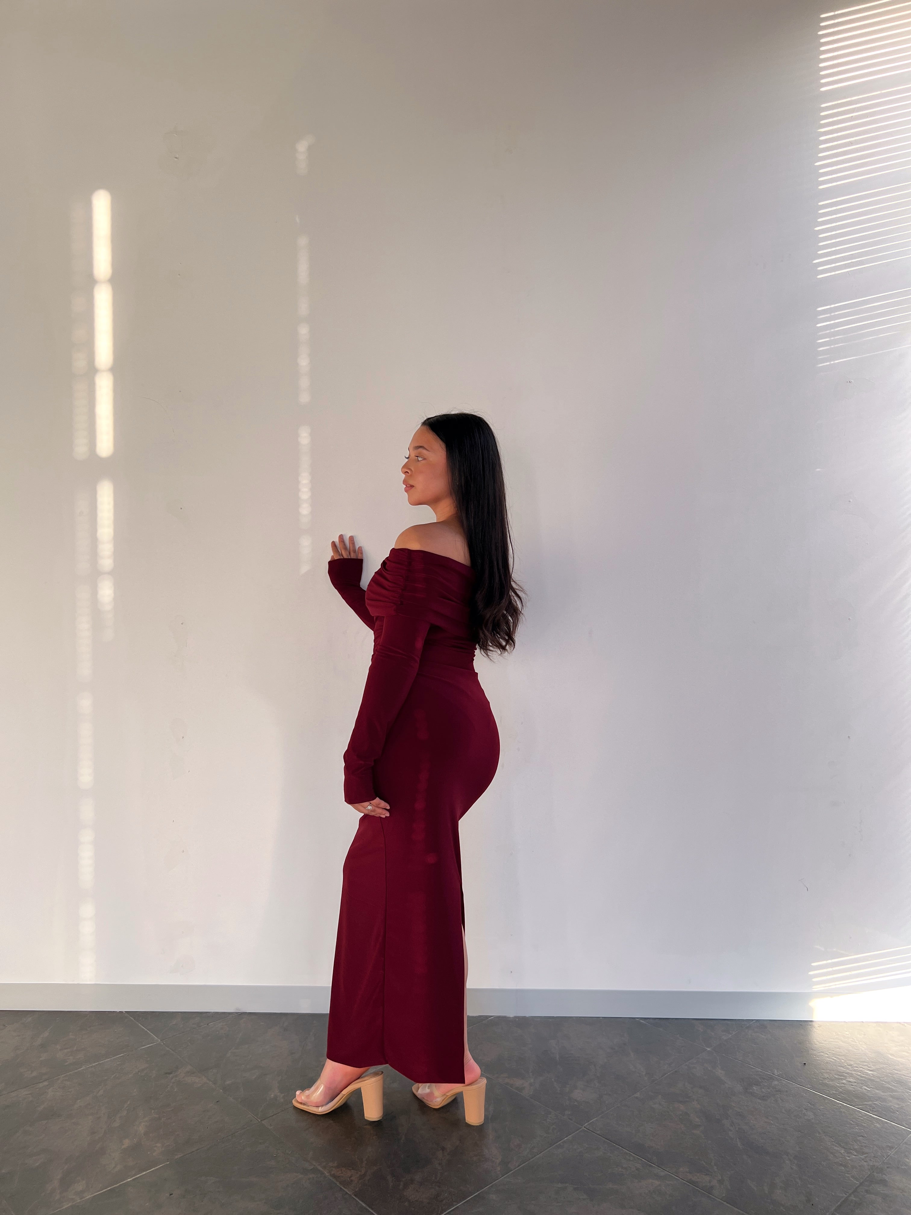 Maroon Bardot Sculpted Dress with Long Sleeves