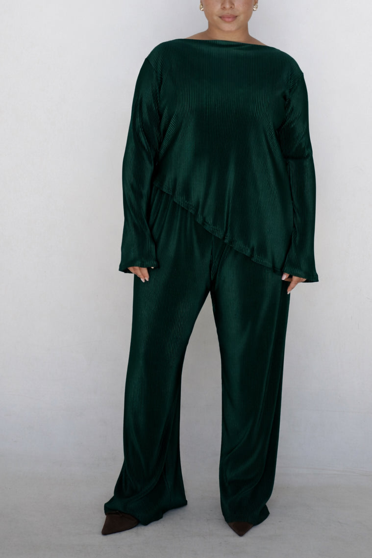 M | Emerald Pleated Asymmetrical Bell Sleeve Top