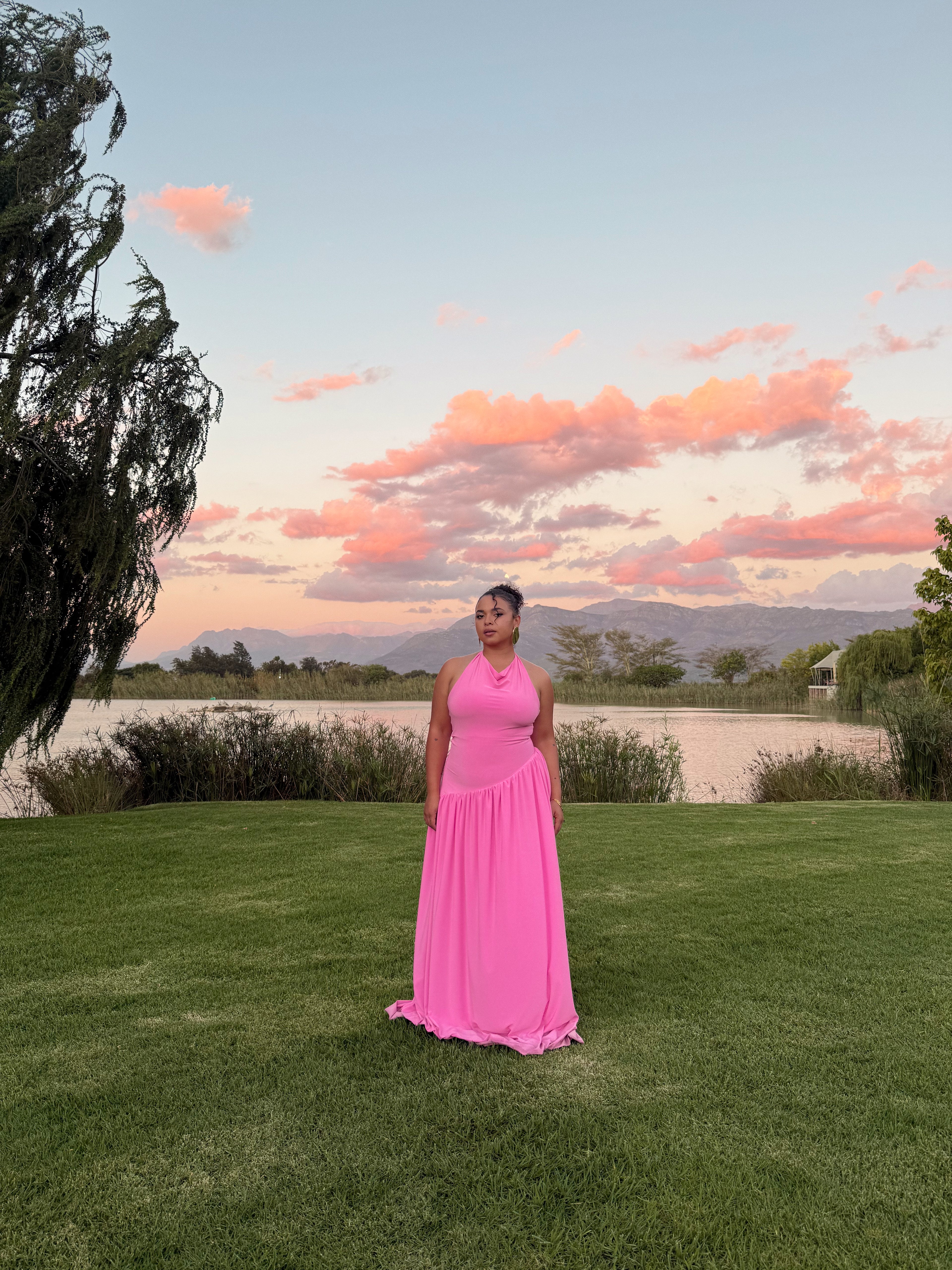 Warm Pink Halter Dress with Dropped Asymmetrical Waistline