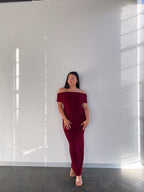 Maroon Off-shoulder Bardot Sculpted Dress