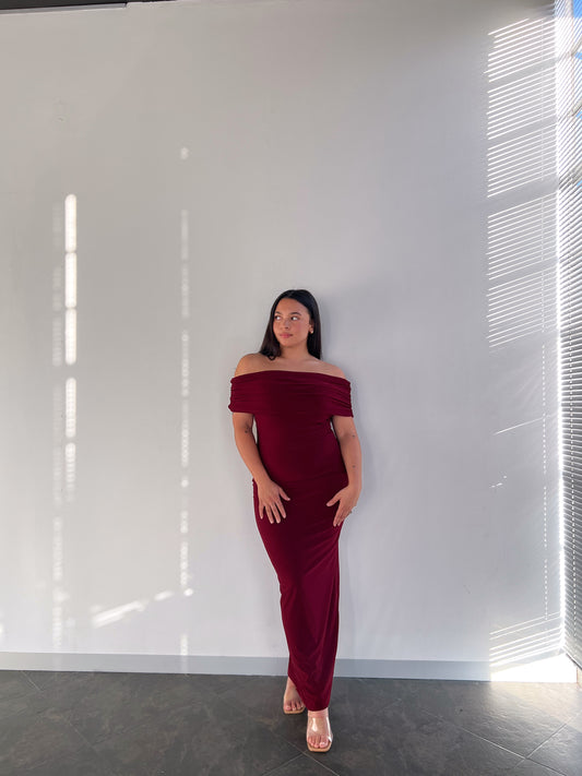 MEDIUM - Maroon Off-shoulder Bardot Sculpted Dress