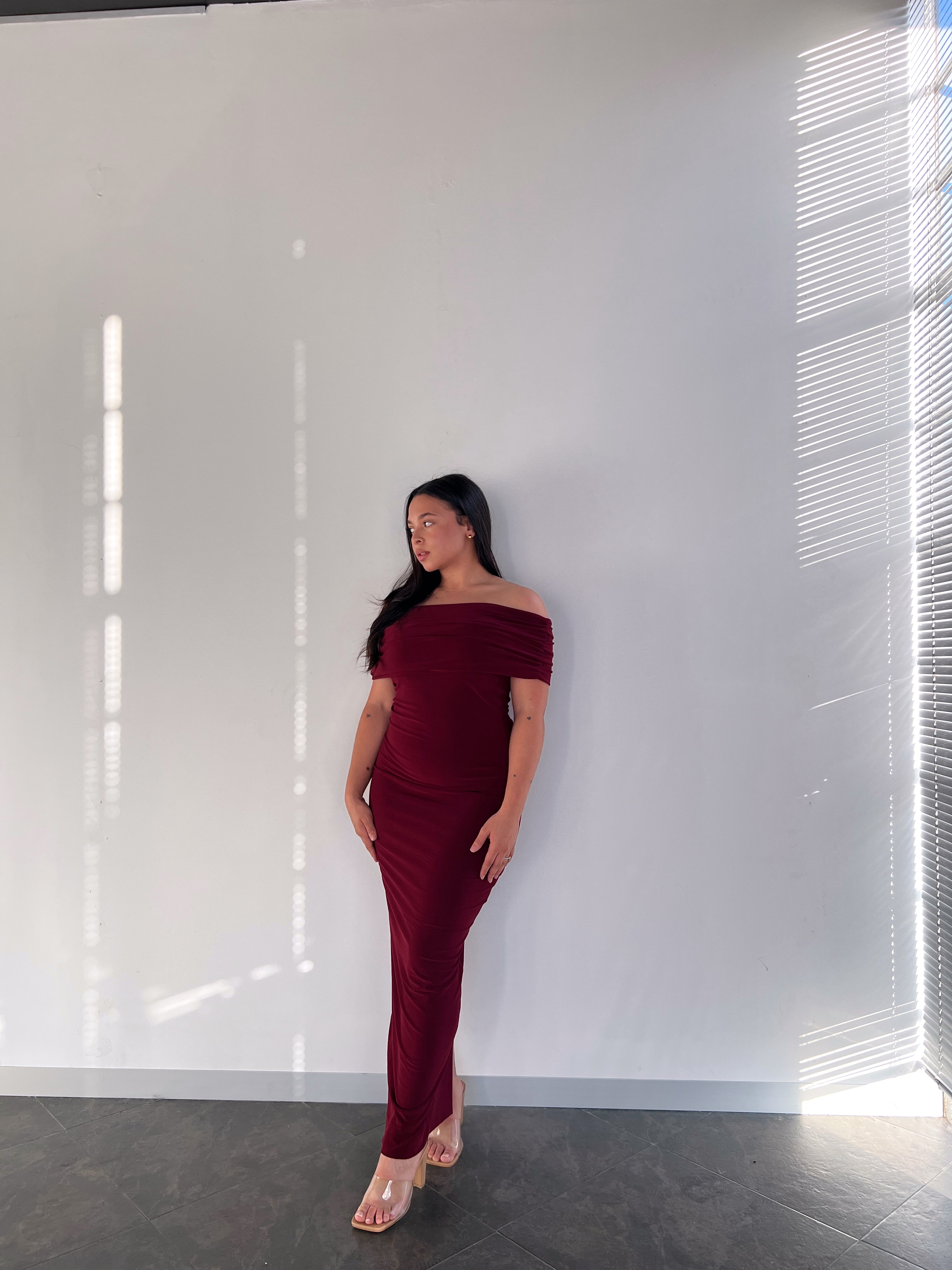 Maroon Off-shoulder Bardot Sculpted Dress