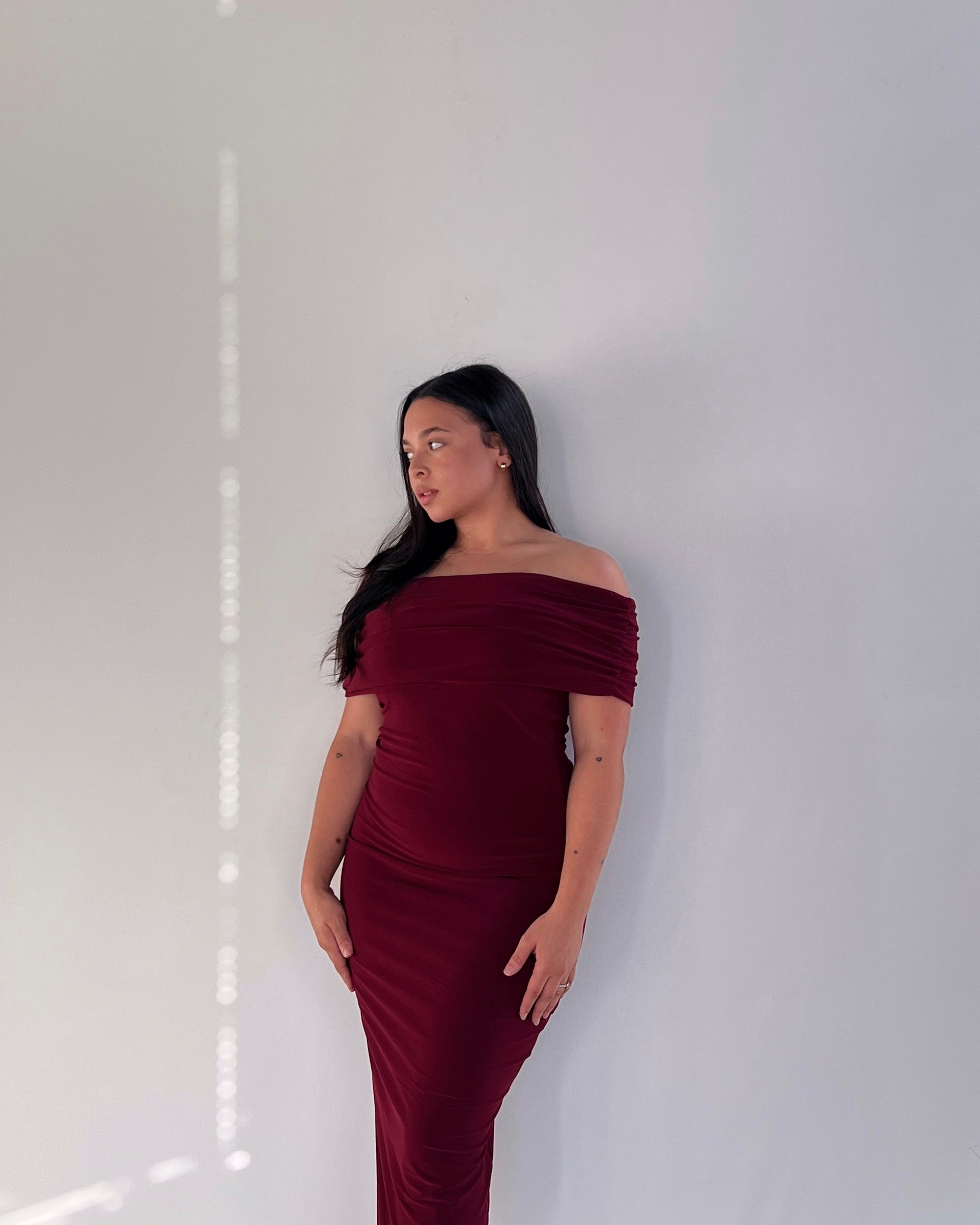Maroon Off-shoulder Bardot Sculpted Dress