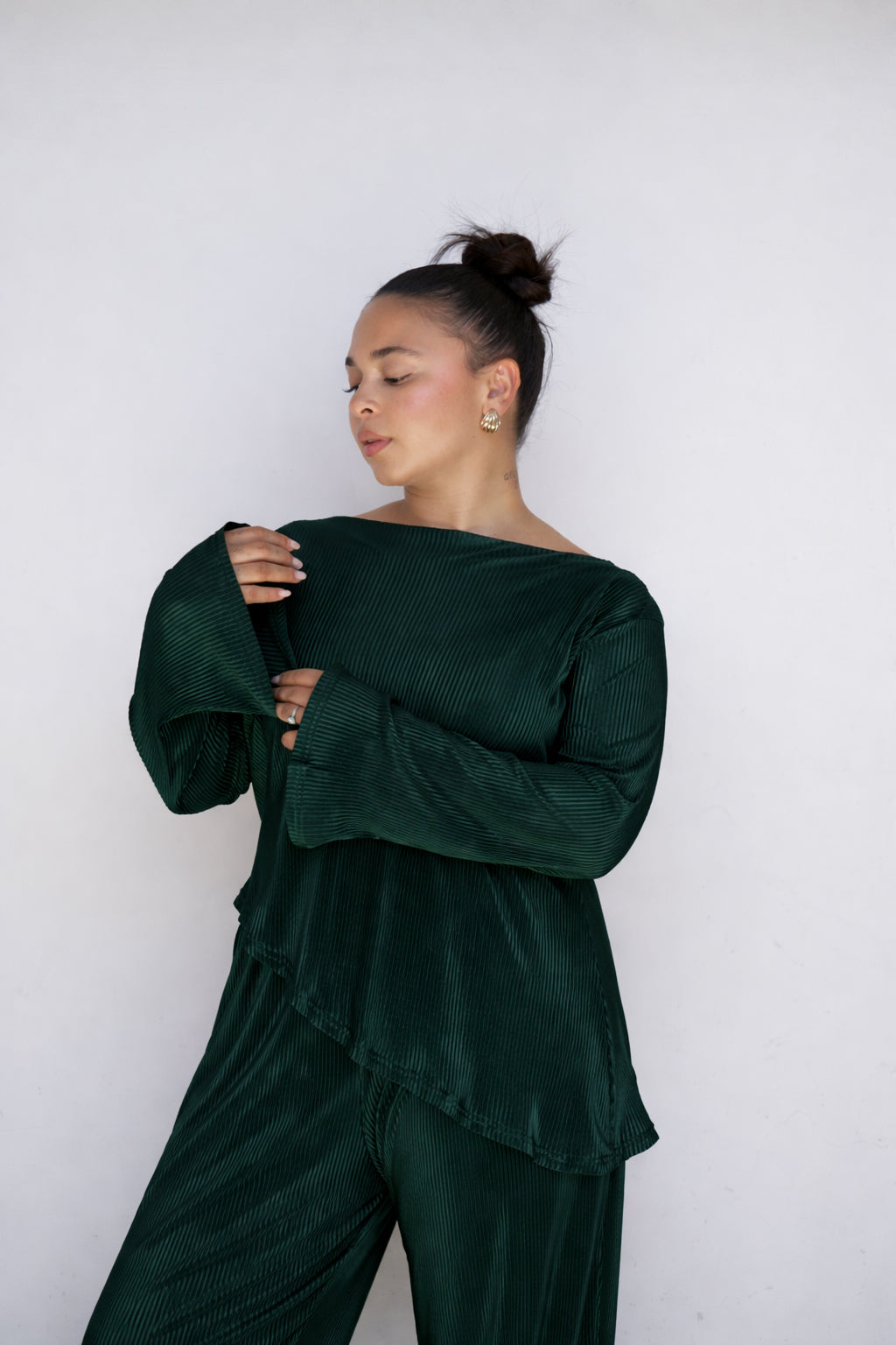 M | Emerald Pleated Asymmetrical Bell Sleeve Top