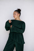 M | Emerald Pleated Asymmetrical Bell Sleeve Top