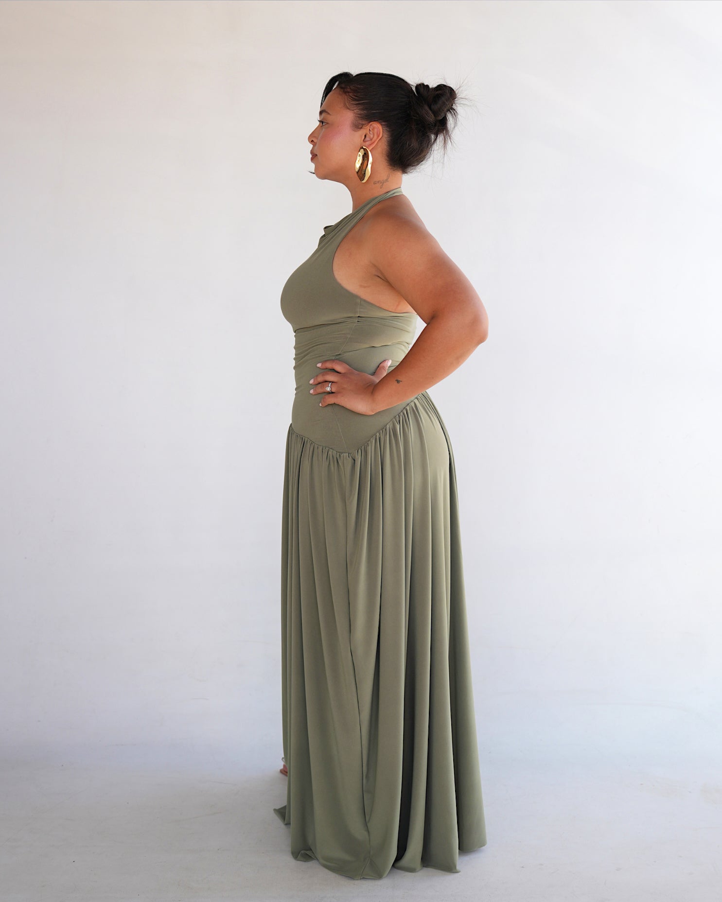 Light Khaki Halter Dress with Dropped Asymmetrical Waistline