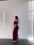 Maroon Off-shoulder Bardot Sculpted Dress