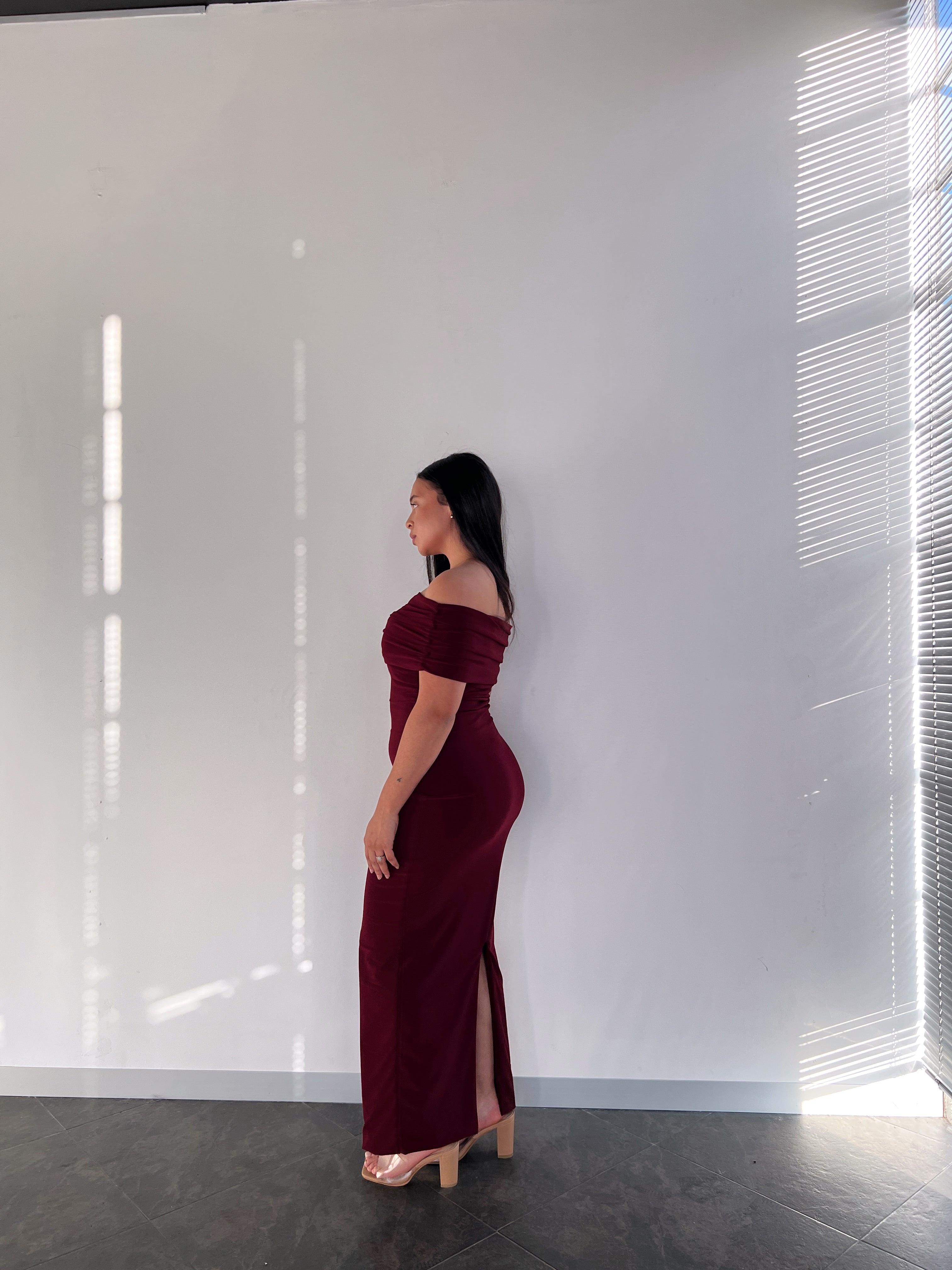 Maroon Off-shoulder Bardot Sculpted Dress